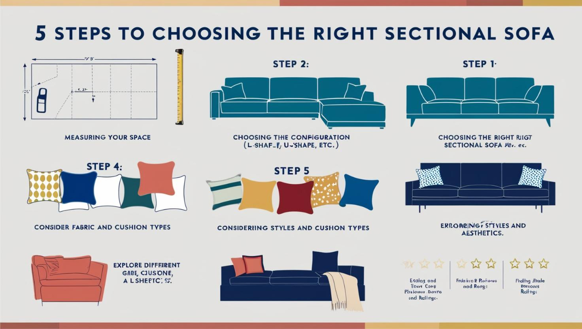 5 Steps to Choosing the Right Sectional Sofa" Visuals: Use icons or illustrations to represent each step. Content: Include tips on measuring your space, choosing the right configuration, considering fabric and cushion type, and finding reliable reviews.