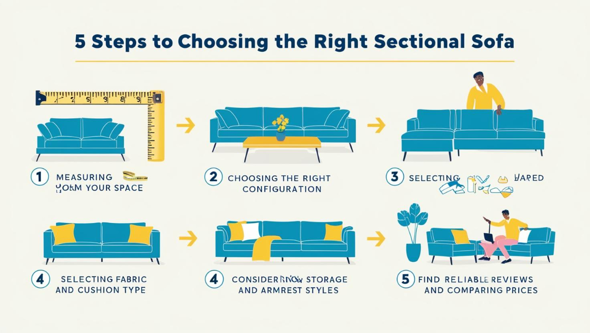 5 Steps to Choosing the Right Sectional Sofa" Visuals: Use icons or illustrations to represent each step. Content: Include tips on measuring your space, choosing the right configuration, considering fabric and cushion type, and finding reliable reviews.