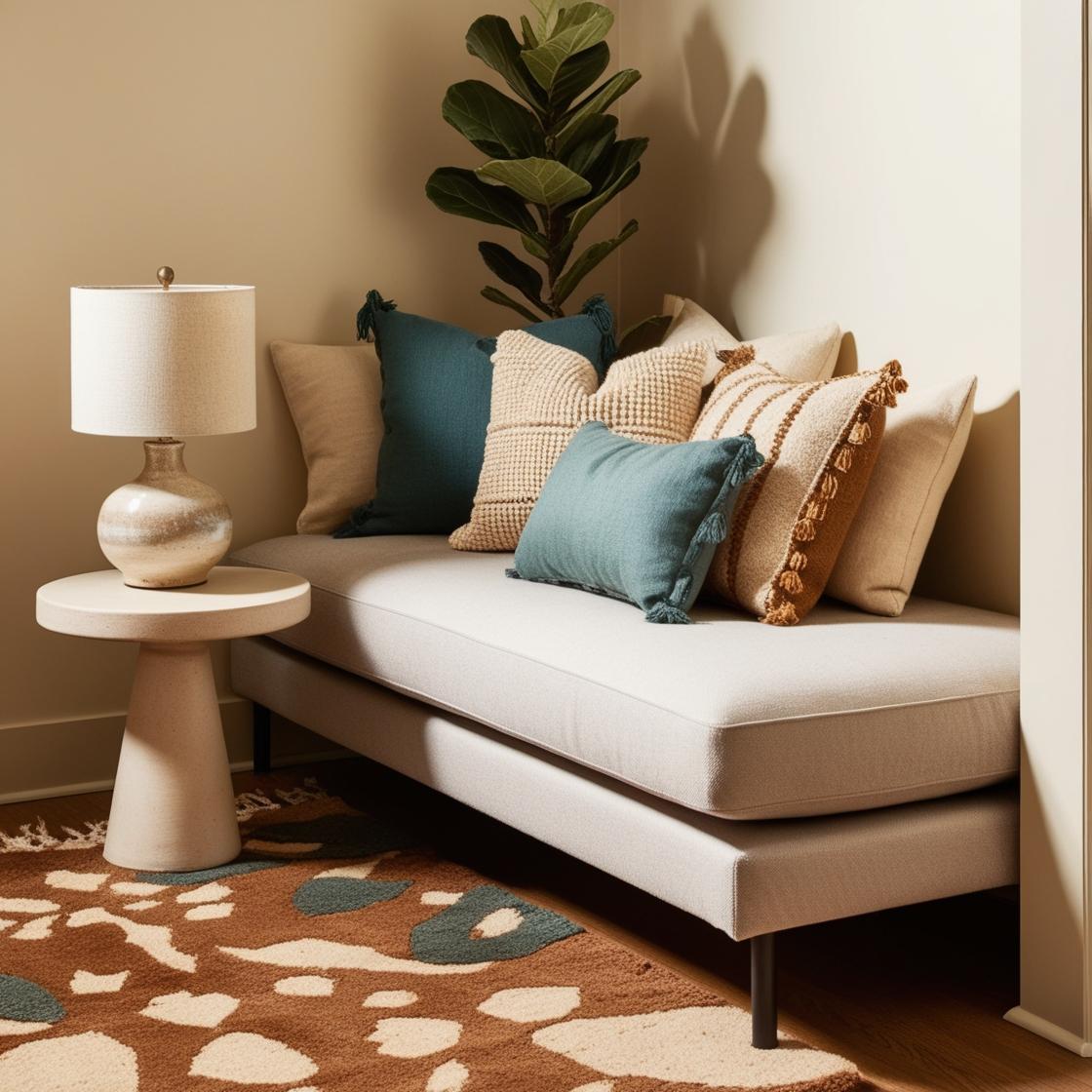 Place the sofa bed diagonally in a corner to create a cozy nook, leaving space for a small side table and floor lamp.. add some decor and plant and rug