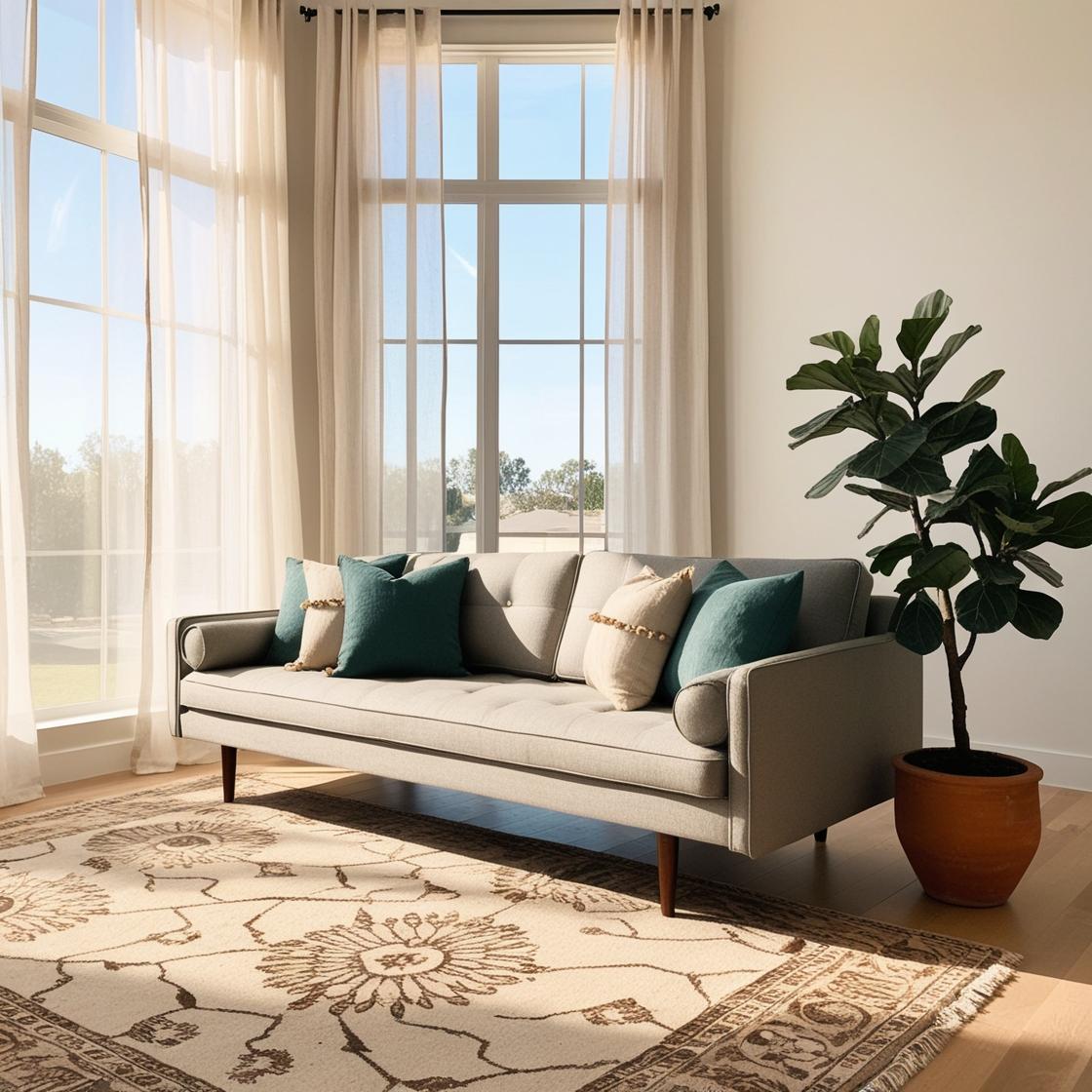 Position the sofa bed with its back to a window to maximize natural light and create a visual separation from another area in an open-plan space. .. add some decor and plant and rug