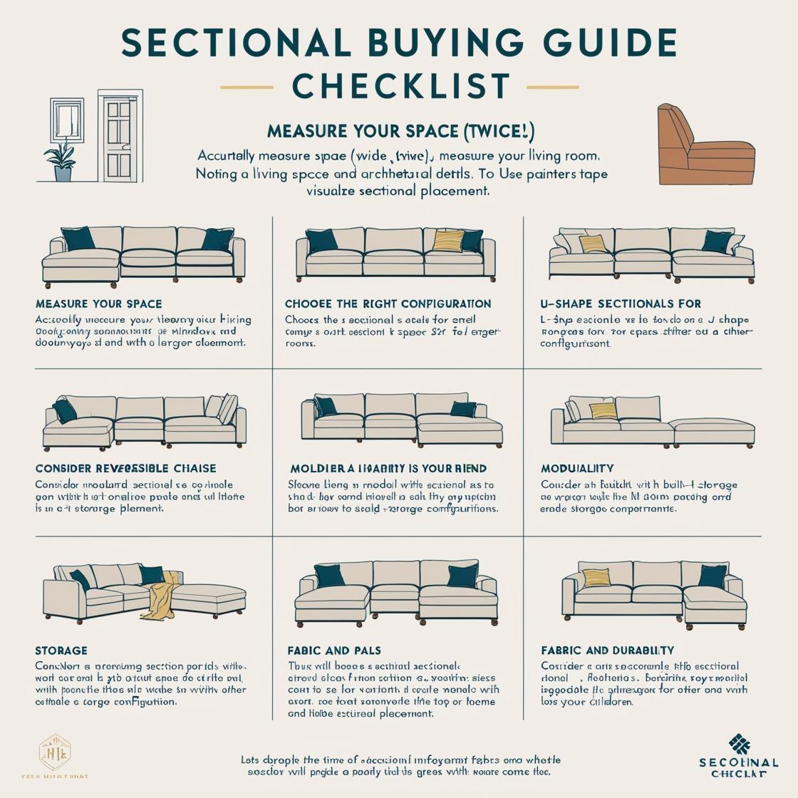 create Checklist: Sectional Buying guide Checklist: Measure Your Space (Twice!): Accurately measure your living room, paying close attention to doorways, windows, and any architectural features. Consider using painter's tape to mark out the sectional's footprint on the floor. Choose the Right Configuration: L-shape is generally best for small spaces. U-shapes require more room. Consider a Reversible Chaise: This provides flexibility in arranging your furniture. Modularity is Your Friend: If you're unsure about the perfect configuration, opt for a modular sectional that allows for customization. Storage is a Plus: Look for sectionals with built-in storage under the seats or in the chaise. Fabric and Durability: Select a durable, easy-to-clean fabric, especially if you have pets or children.