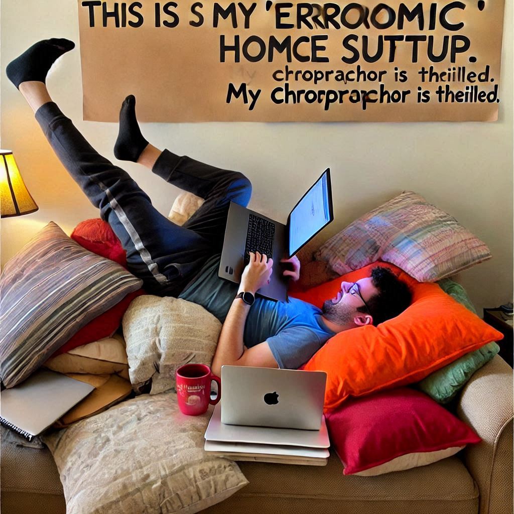 Show a photo of someone attempting to work on a laptop while sprawled uncomfortably on a couch, surrounded by pillows and blankets. Thehome office setup. My chiropractor is thrilled.