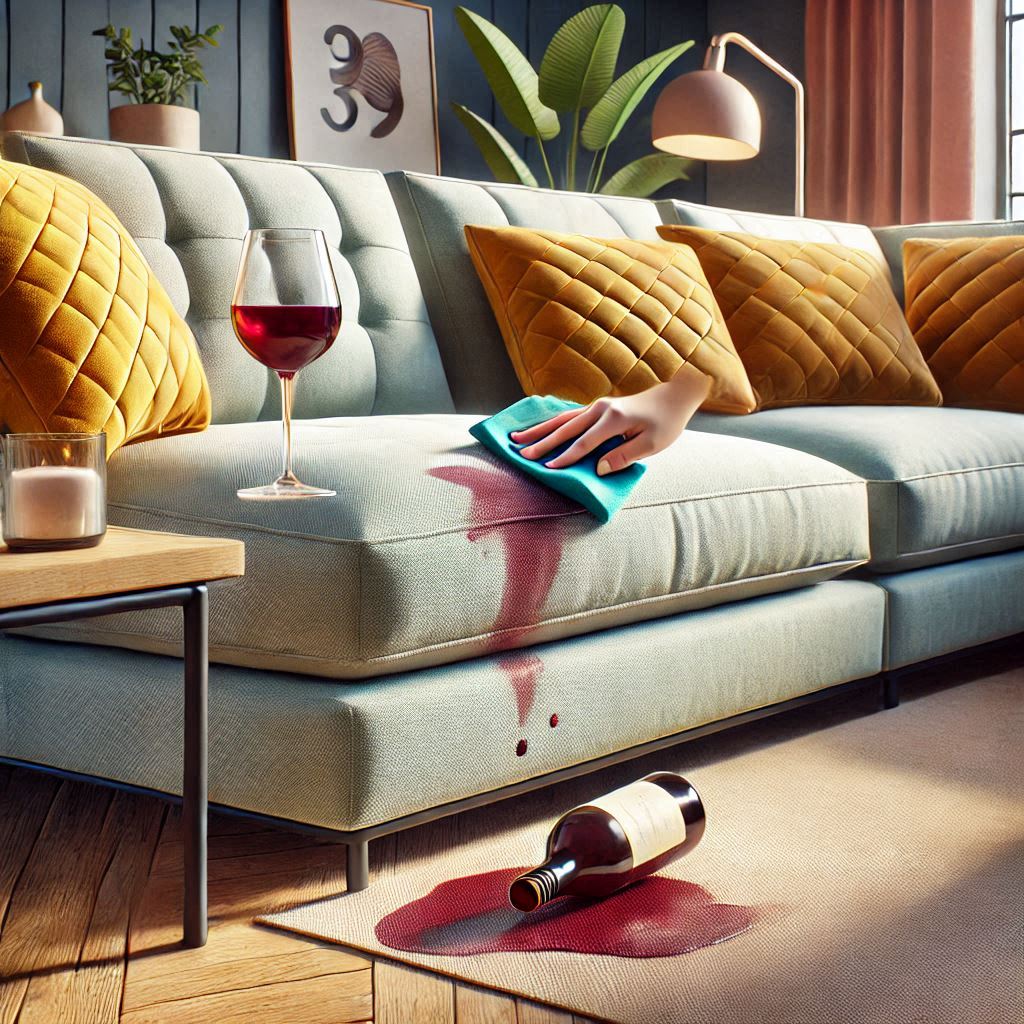 sectional sofa in a family-friendly environment. Show a spilled drink (like wine or juice) on the fabric with a hand wiping it clean effortlessly. Highlight the fabric's stain-resistant properties with text or labels.