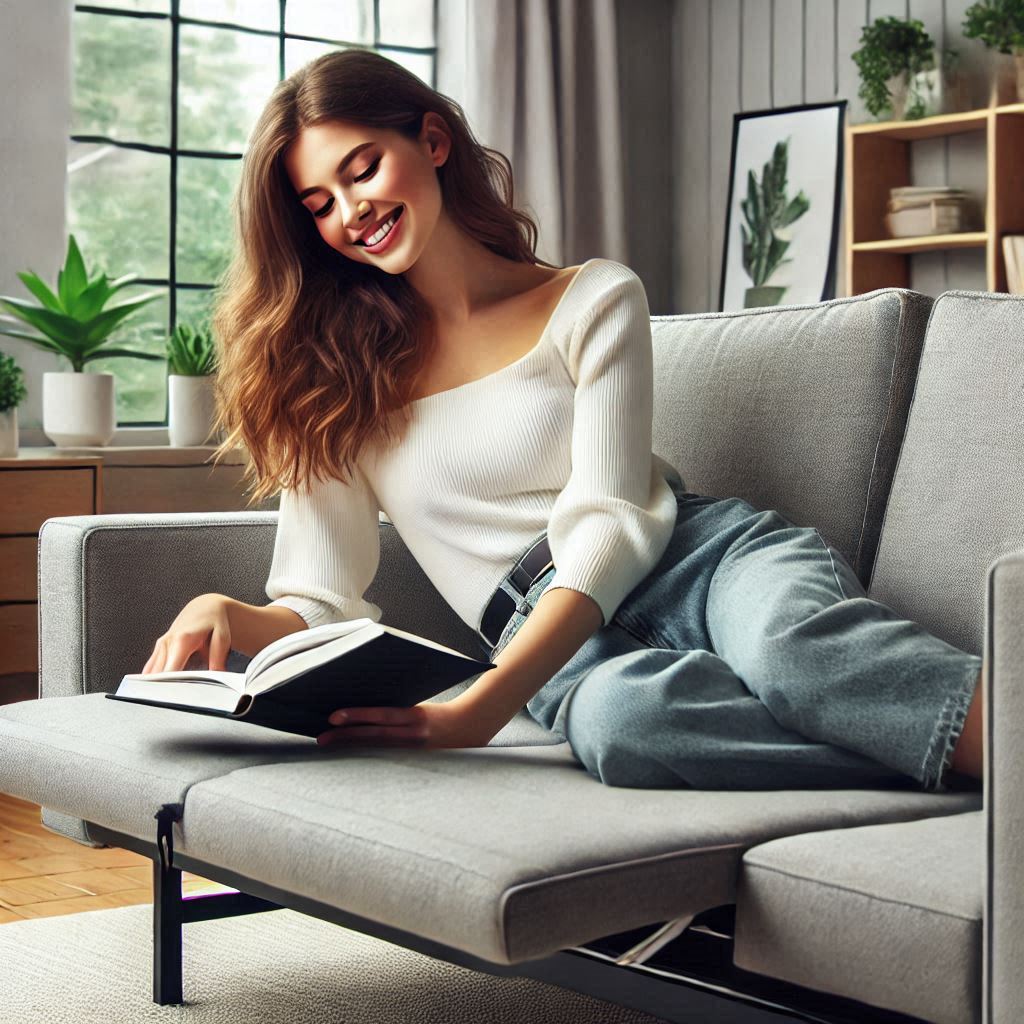 "A young woman in casual clothing, smiling, and reading a book while lounging on a modern gray click-clack sofa bed. The sofa is positioned in a minimalist living room with large windows and potted plants."