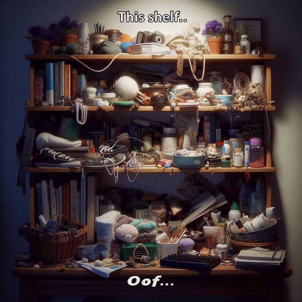 "A close-up of a disorganized and chaotic shelf in a cluttered room, with mismatched items and a messy arrangement, poorly lit for extra dramatic effect. Overlay text reads: 'This shelf... oof.'"