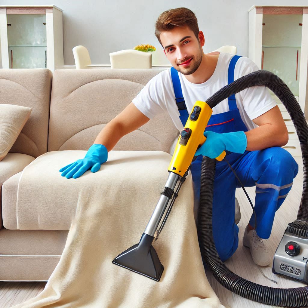 A professional upholstery cleaner using specialized equipment to clean a delicate sofa fabric.