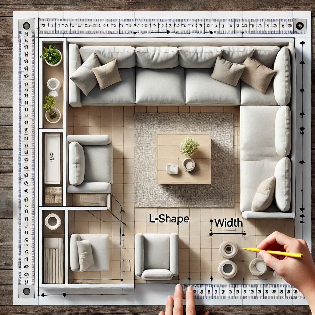 top-down room layout with a sectional sofa placed in different configurations (L-shape, U-shape, and modular). Include measuring tools like a tape measure and labels for 'Length,' 'Width,' and 'Clearance Space.' Use a clean and modern design with soft neutral colors to highlight practicality."