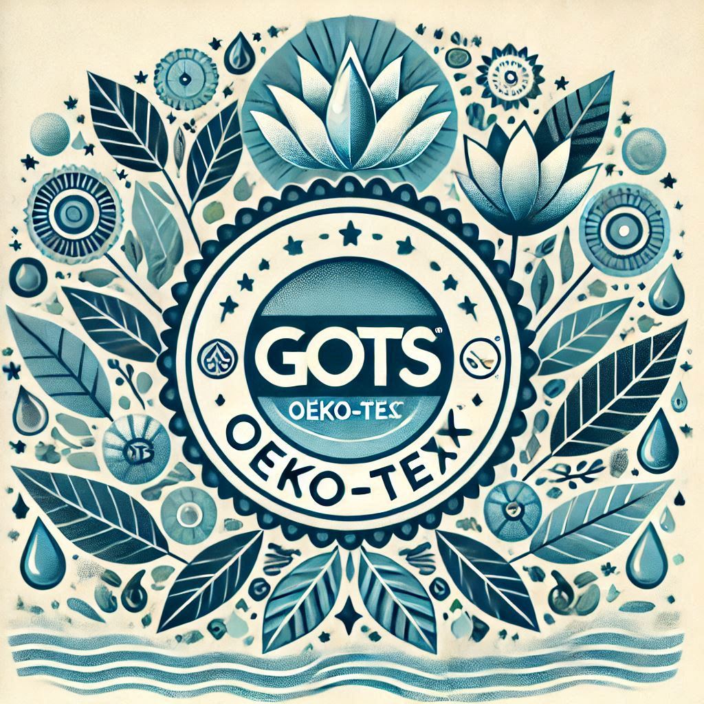 A graphic with the GOTS and OEKO-TEX logos, surrounded by natural elements like leaves and water.