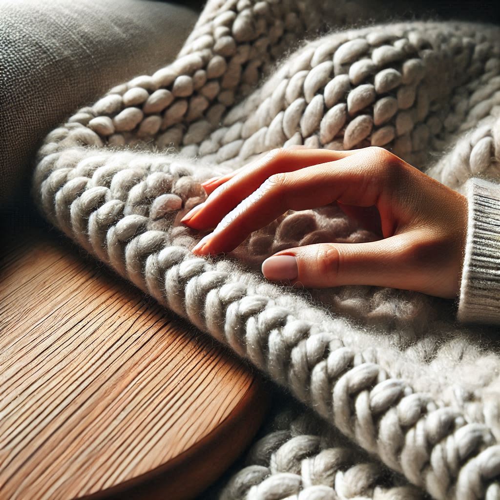 A close-up of a hand touching a soft, textured organic cotton sofa fabric.