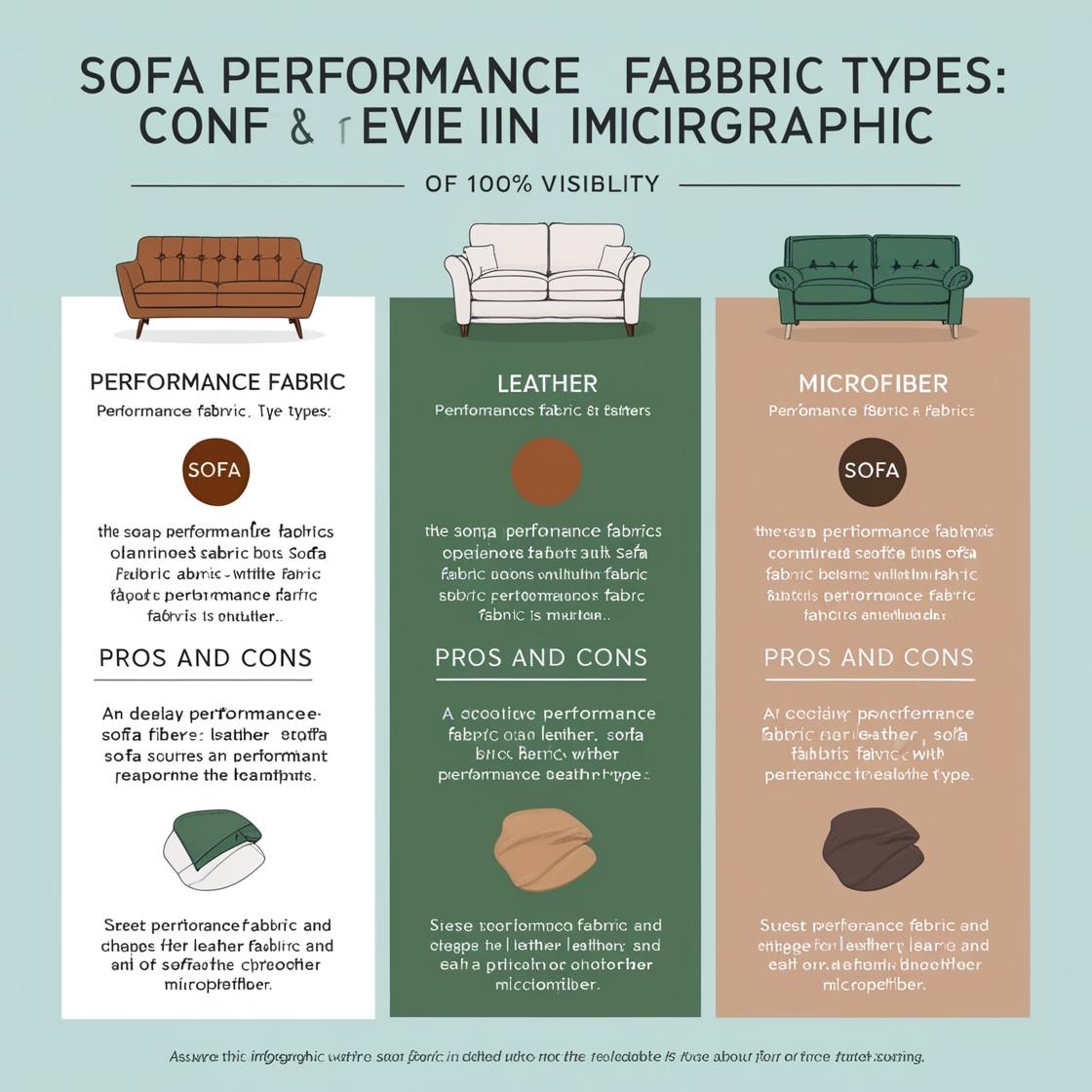 Infographic comparing different fabric types (performance fabric, leather, microfiber) with their pros and cons.