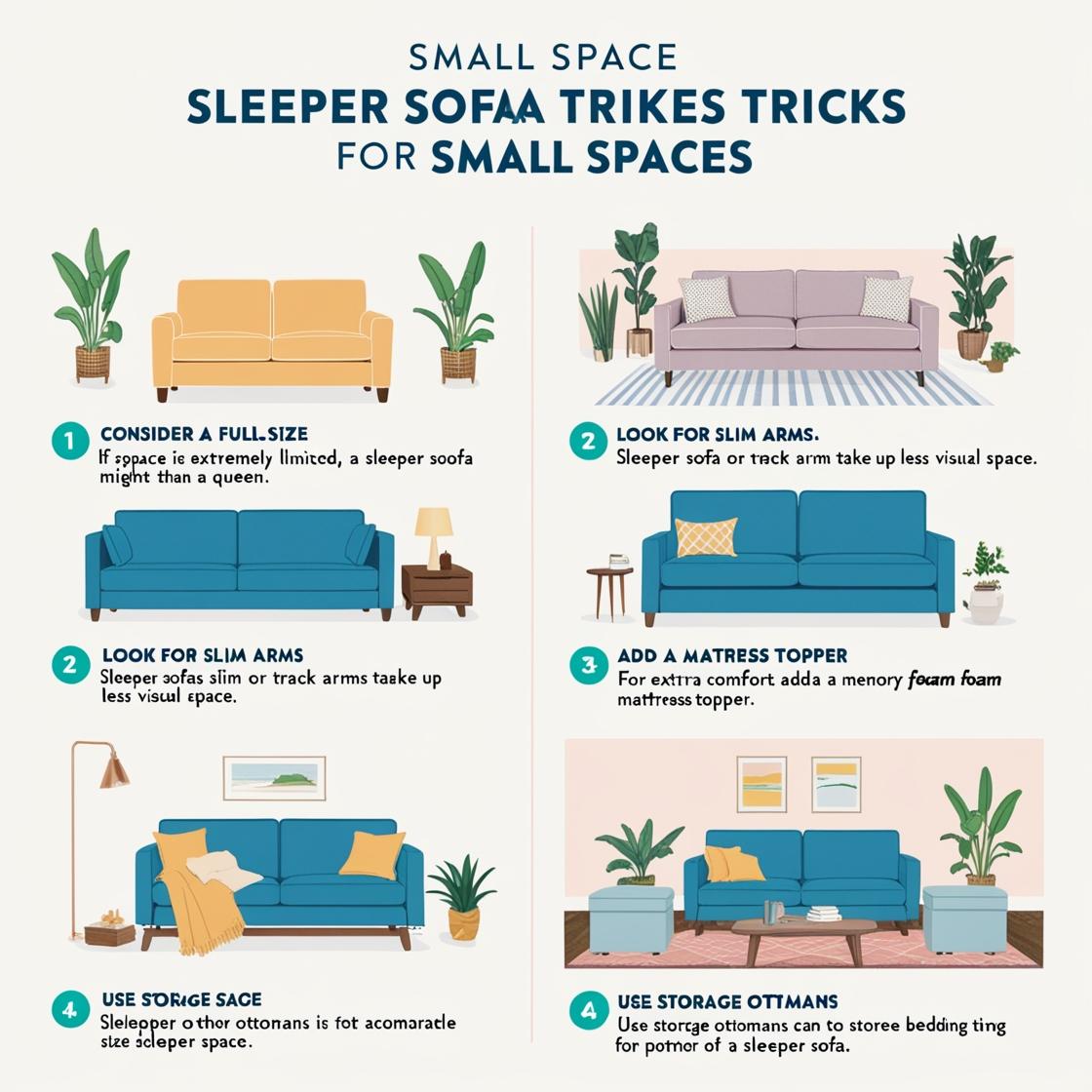 create checklist:Small Space Sleeper Sofa Tricks for small space: Consider a Full-Size: If space is extremely limited, a full-size sleeper sofa might be a better option than a queen. Look for Slim Arms: Sleeper sofas with slim or track arms take up less visual space. Add a Mattress Topper: For extra comfort, consider adding a memory foam mattress topper. Storage Ottomans: Use storage ottomans to store bedding for the sleeper sofa.