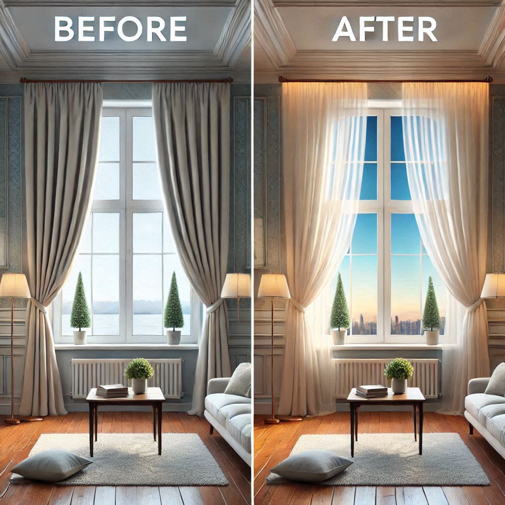 before-and-after image here. The "before" image could show curtains hung just above the window frame, making the window and the room feel smaller. The "after" image could show curtains hung closer to the ceiling, making the window and the room feel taller and more spacious