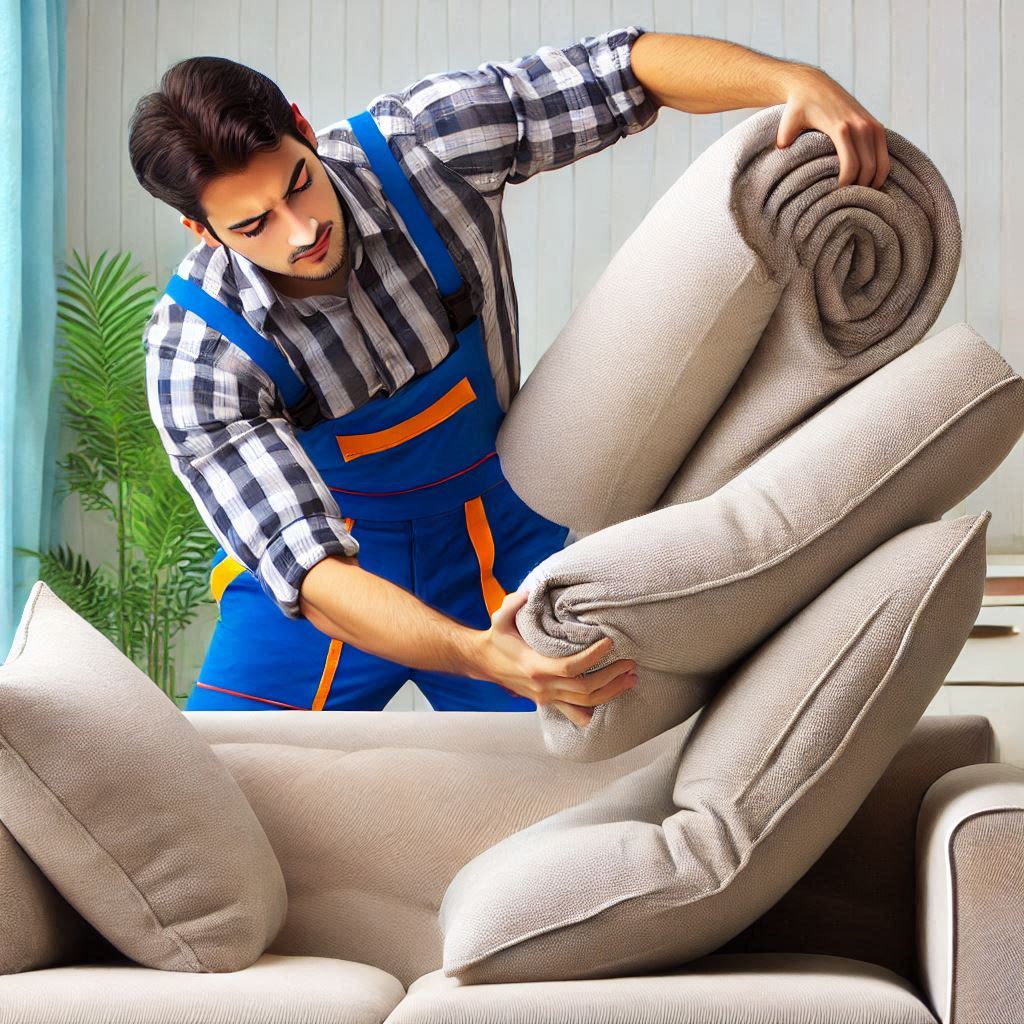 A person rotating the cushions on a sofa.