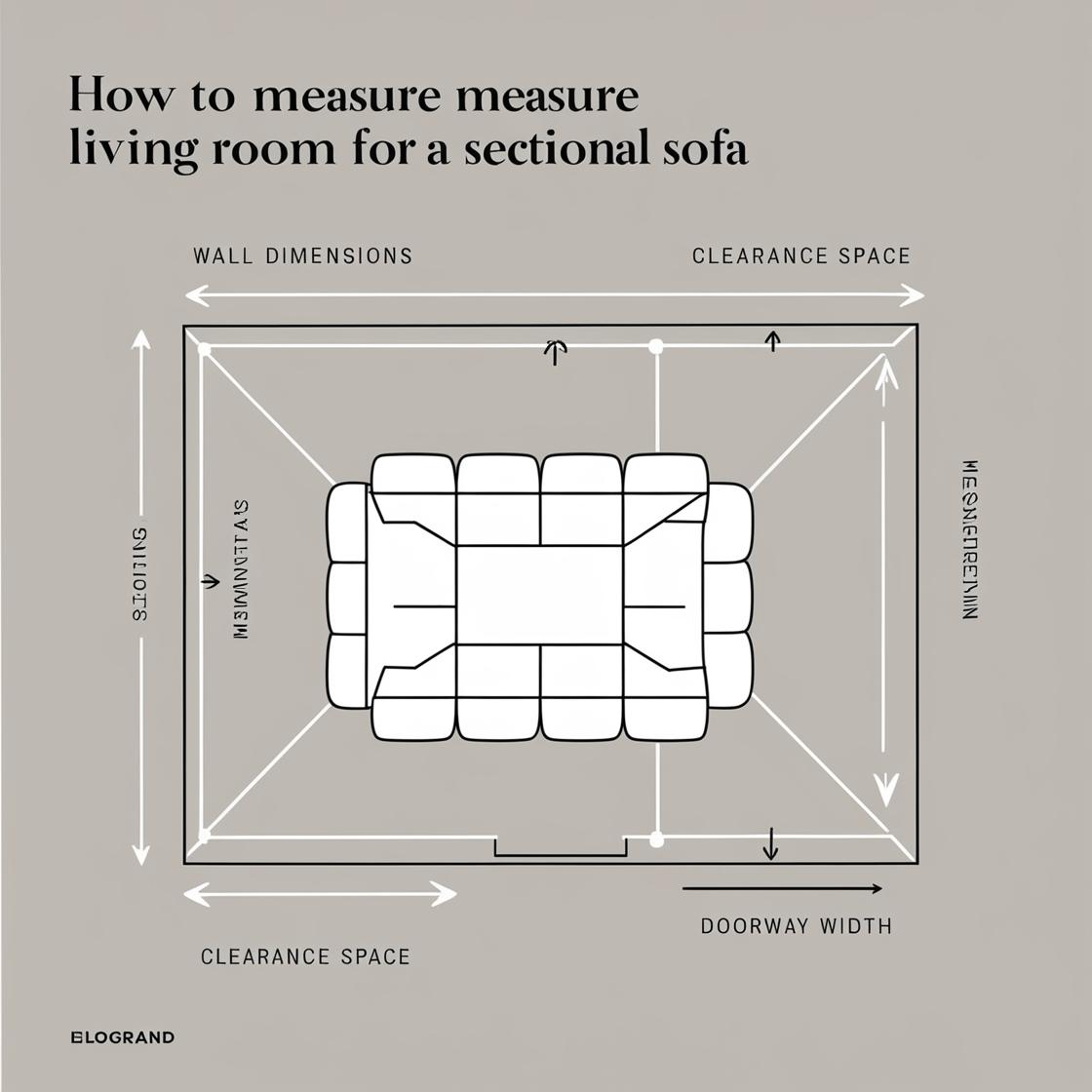 diagram illustrating how to measure a living room for a sectional sofa. Include labeled sections such as 'Wall Dimensions,' 'Clearance Space,' and 'Doorway Width.' Use a minimal