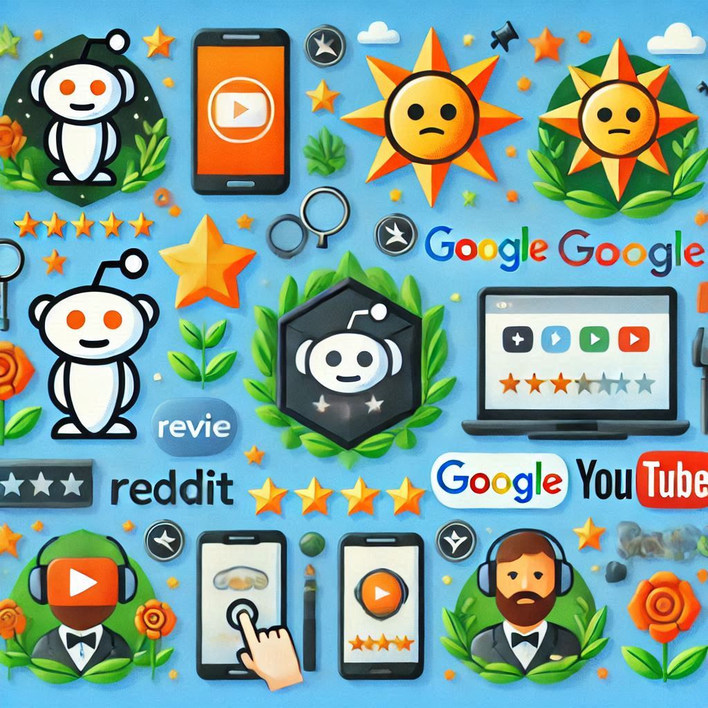 different review platforms (Reddit, Google, YouTube, etc.) with icons representing each platform.