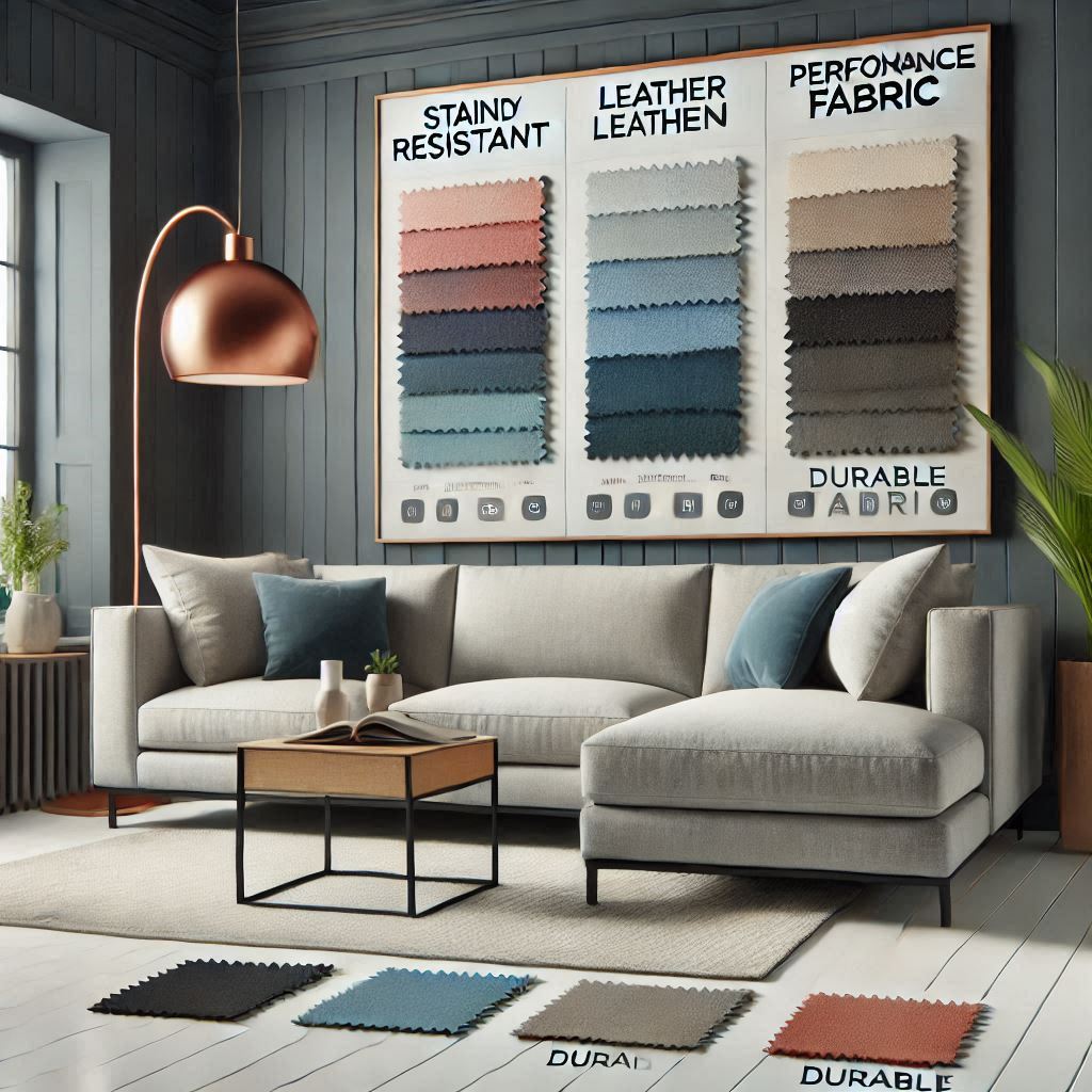 stylish living room featuring a sectional sofa in multiple fabric and color swatches. Showcase options like microfiber, leather, and performance fabric, with text overlays such as 'Stain Resistant,' 'Pet-Friendly,' and 'Durable.' Include a fabric palette or swatch board for added visual appeal