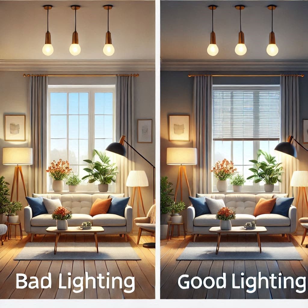 "A side-by-side comparison of the same living room with bad and good lighting. On the 'bad lighting' side, the room appears dim with harsh overhead lighting creating shadows. On the 'good lighting' side, the room is bright and inviting with layered lighting from floor lamps, table lamps, and natural light through a window. Label each side clearly: 'Bad Lighting' and 'Good Lighting.'"