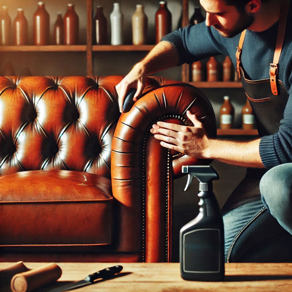 person applying leather conditioner to a luxurious leather sofa, emphasizing the care and attention to detail