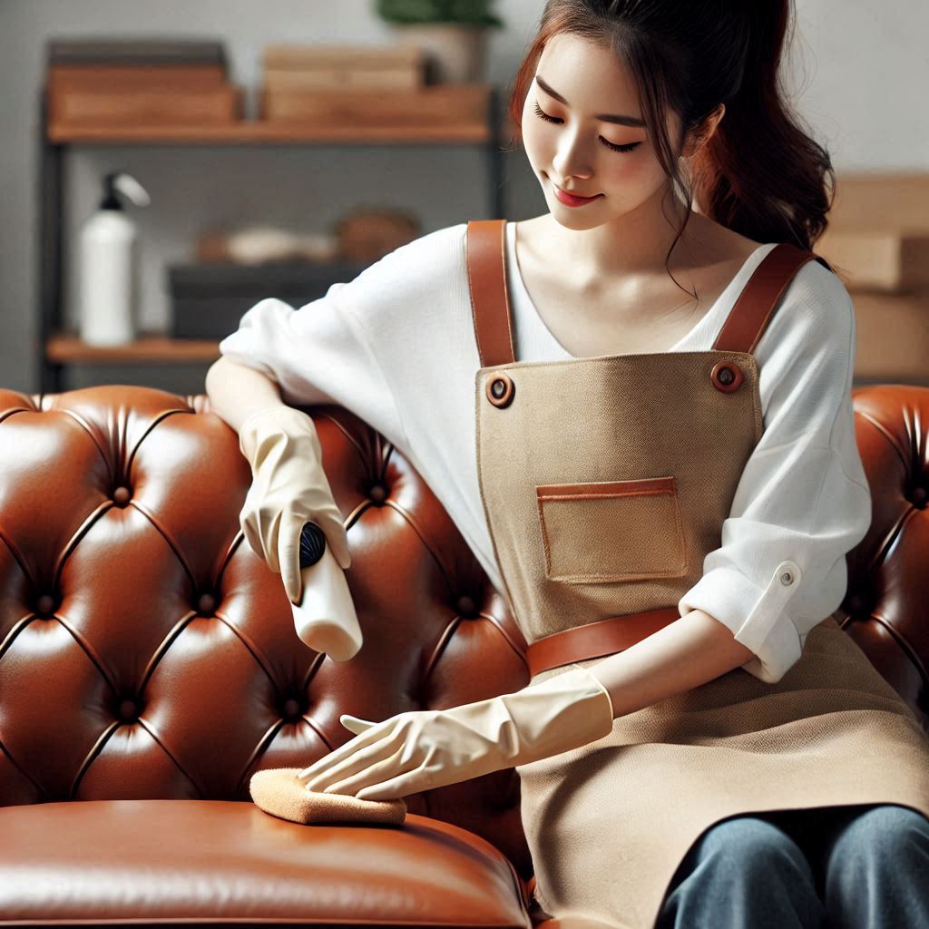 A person applying leather conditioner to a luxurious leather sofa, emphasizing the care and attention to detail.