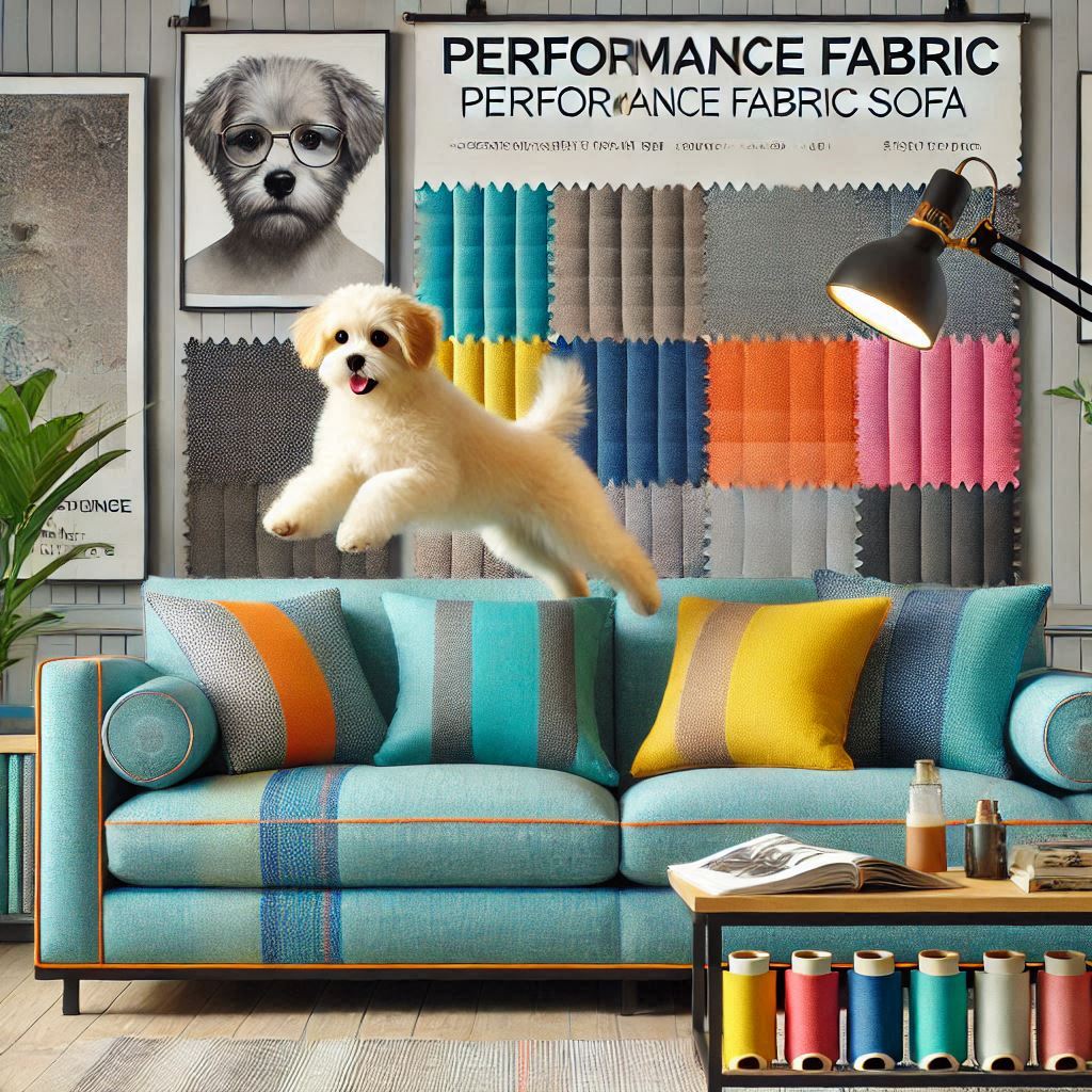 A colorful and stylish performance fabric sofa, with a playful pet jumping onto it.