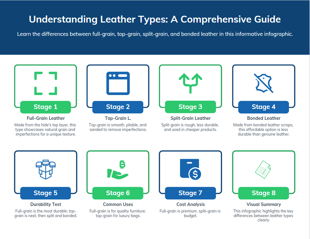 infographic that explains the differences between full-grain, top-grain, split-grain, and bonded leather