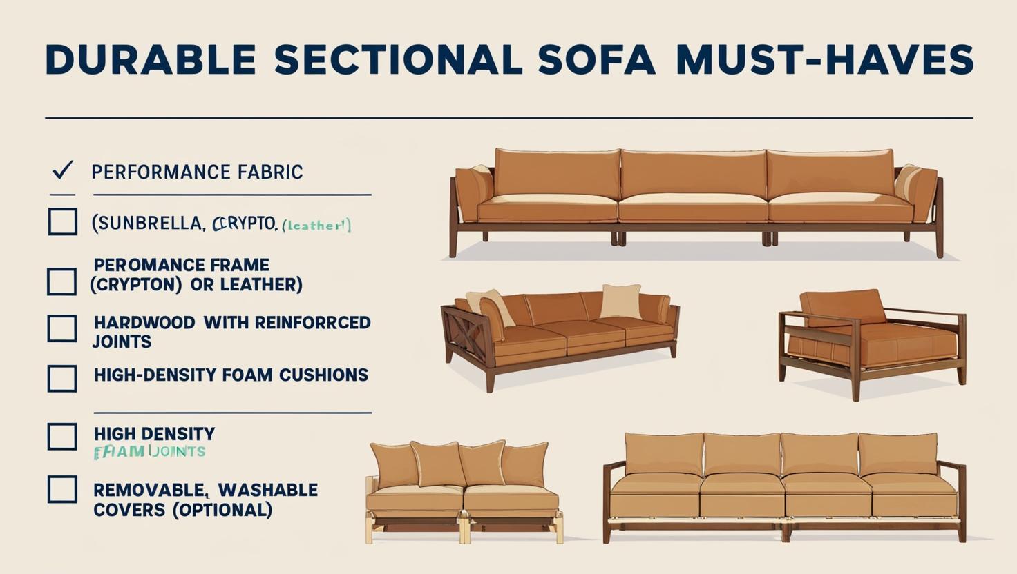 (Checklist: Durable Sectional Sofa Must-Haves) Performance fabric (Sunbrella, Crypton) or leather Hardwood frame with reinforced joints High-density foam cushions Removable, washable covers (optional)