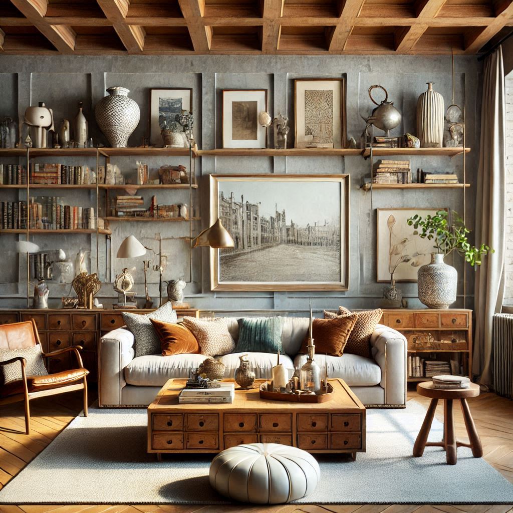 living room with a curated mix of furniture pieces that don't match perfectly but complement each other in terms of style, color, and texture