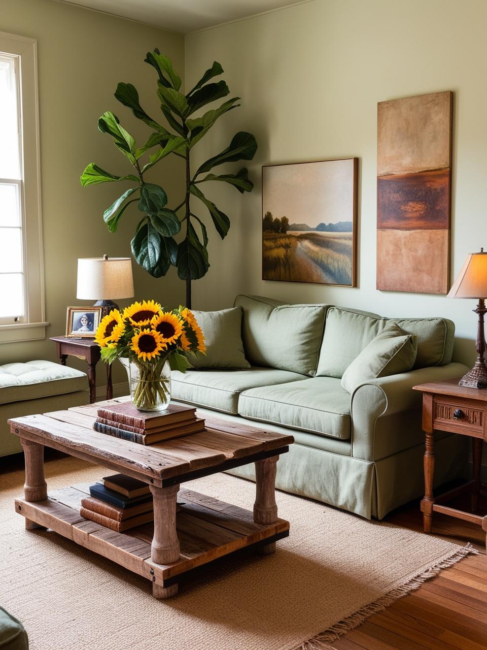 A small living room with a sofa bed, featuring a coffee table with a vase of flowers and a stack of books.. add decors plant and small old style wood table Hang artwork on the walls to add personality and create a focal point. Choose pieces that complement your design aesthetic and the colors in the room.