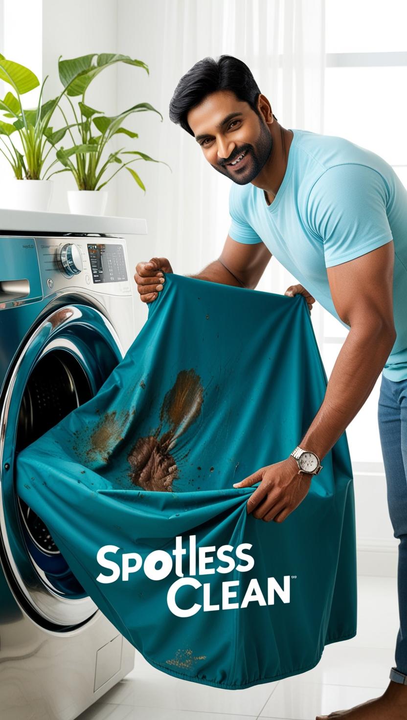 A person easily cleaning a waterproof sofa cover in a washing machine. The cover is visibly stained, but the person looks relaxed and confident