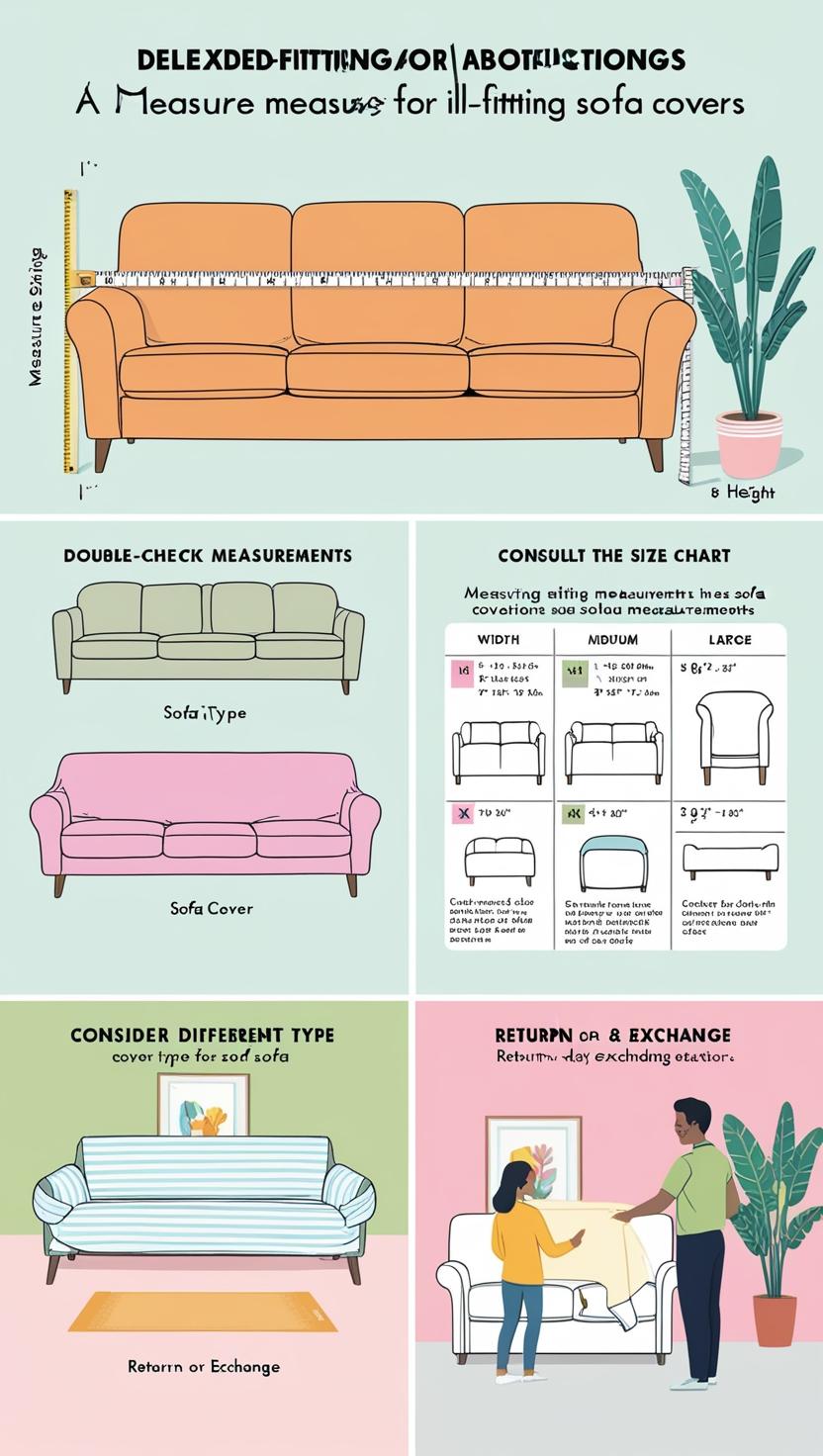 "Illustration showing solutions for ill-fitting sofa covers, including re-measuring the sofa, consulting a size chart, choosing a different type of cover, and returning or exchanging the cover."