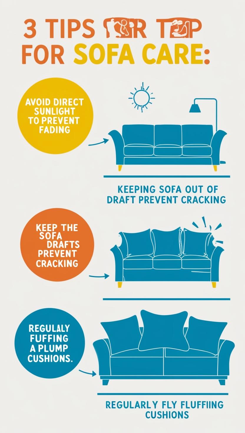 Avoid direct sunlight: Prolonged exposure to sunlight can fade and damage your sofa fabric. Keep your sofa out of drafts: Drafts can dry out the fabric and cause it to crack. Fluff cushions regularly: This will help to keep your sofa looking plump and inviting.