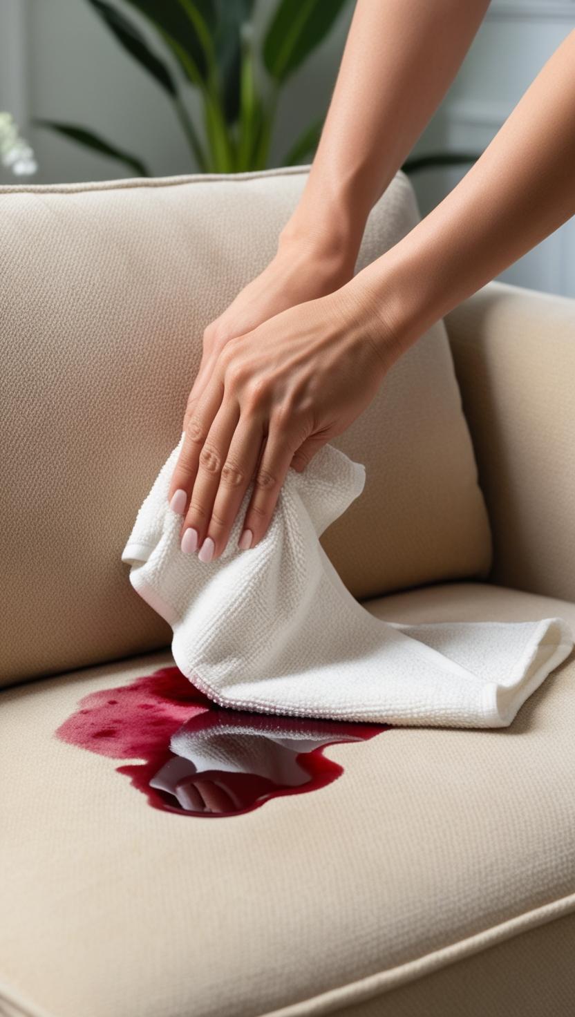 Blot a spill on a sofa with a clean cloth