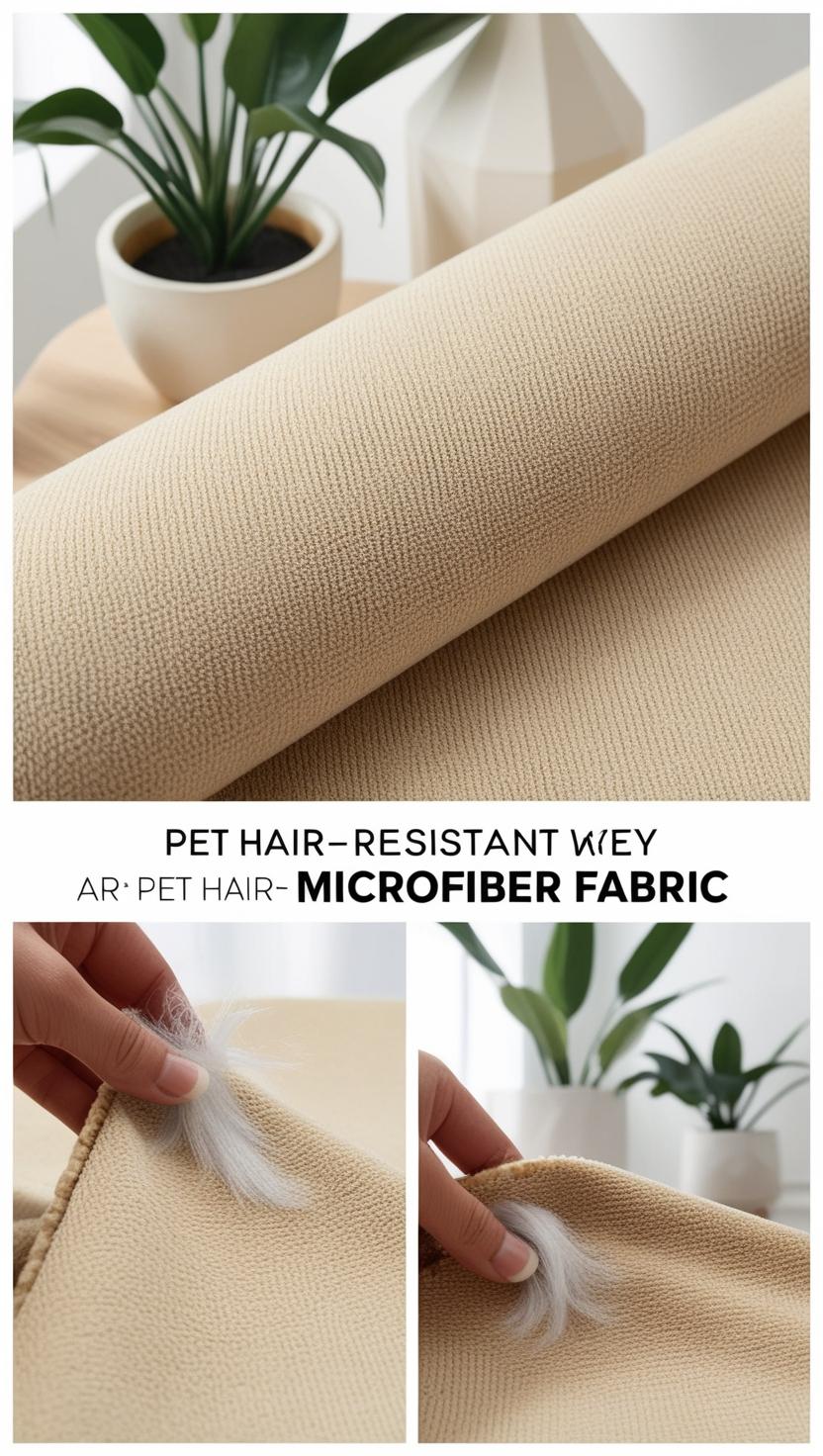 "Pet hair-resistant sofa cover made from microfiber, designed to repel shedding, paired with stylish home decor and vibrant accents."