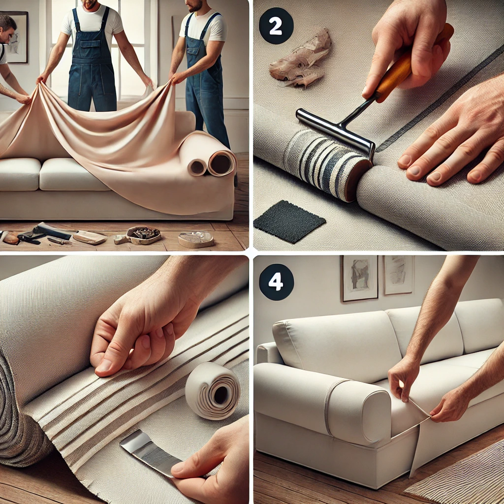 the image illustrating the steps for installing a sofa cover professionally. It captures the process with the two-person team, tucking the fabric, using non-slip solutions, and making regular adjustments. Let me know if you'd like to refine or add more details!