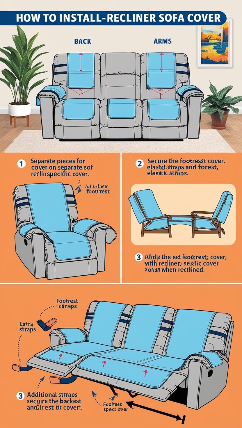 "Illustration demonstrating how to install recliner sofa covers, showing separate pieces for a recliner-specific cover, securing the footrest cover with elastic straps, and adding extra straps to keep the cover in place when reclining."