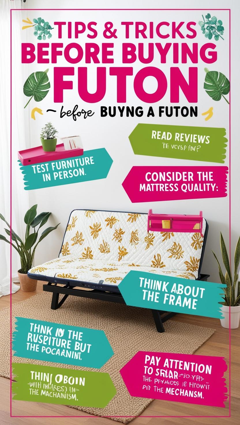 Infographic about tips tricks before buying futon Test the furniture in person: Read reviews: Consider the mattress quality: Think about the frame: Pay attention to the mechanism: need bold visual text don't show low text make sure to focus on text