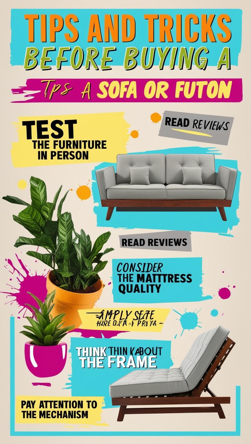 Infographic about tips tricks before buying sofa or futon Test the furniture in person: Read reviews: Consider the mattress quality: Think about the frame: Pay attention to the mechanism: