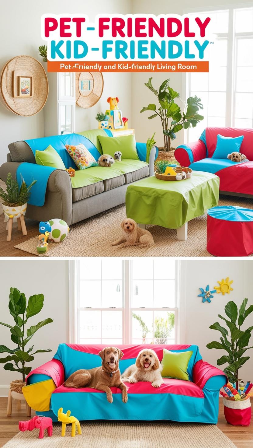 Happy family and pets enjoying a clean sofa with a vibrant throw blanket.