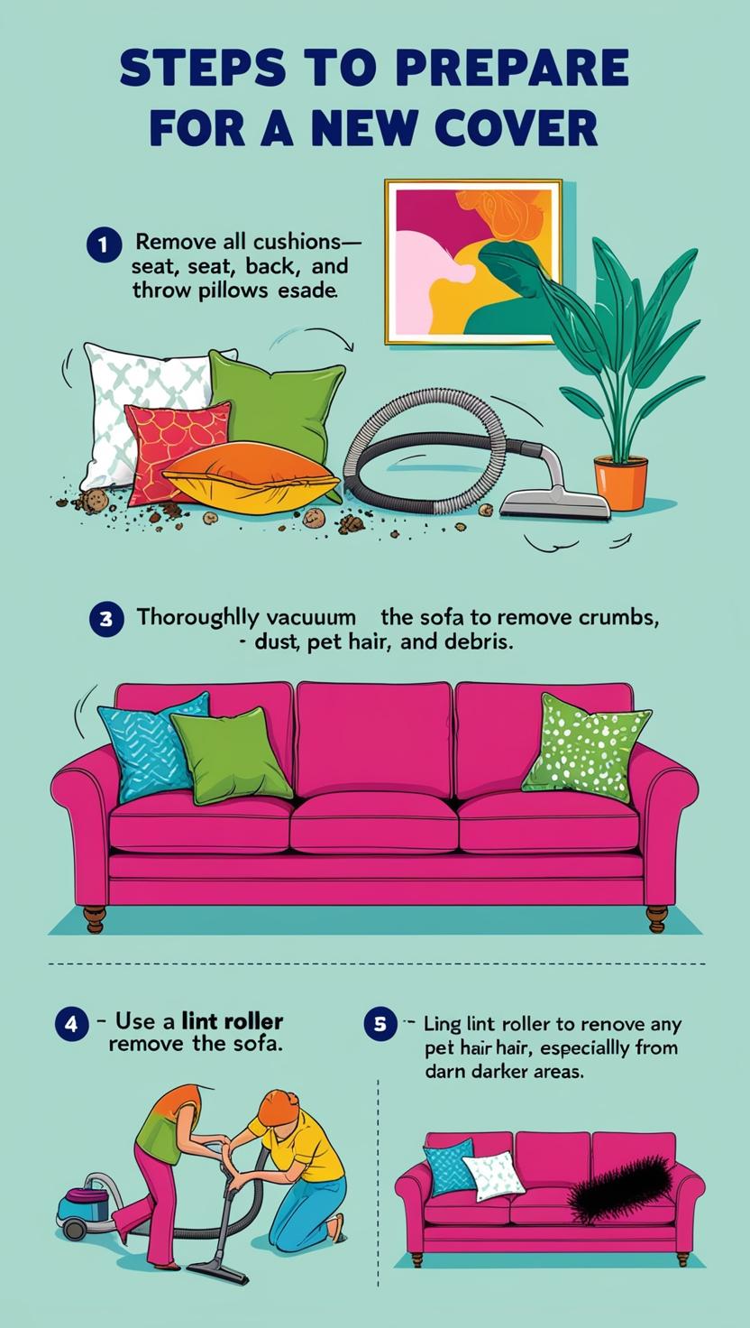 An infographic showcasing a step-by-step guide to preparing your sofa for a cover, including bold text and fun, engaging colors. The design features decorative elements like plants, paintings, and sofa illustrations, emphasizing steps such as removing cushions, vacuuming, and using a lint roller for a clean fit.