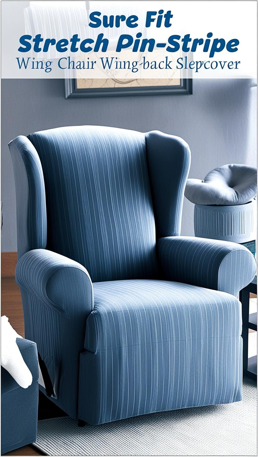 A cozy living room with a wingback recliner adorned with a stylish pin-striped slipcover.