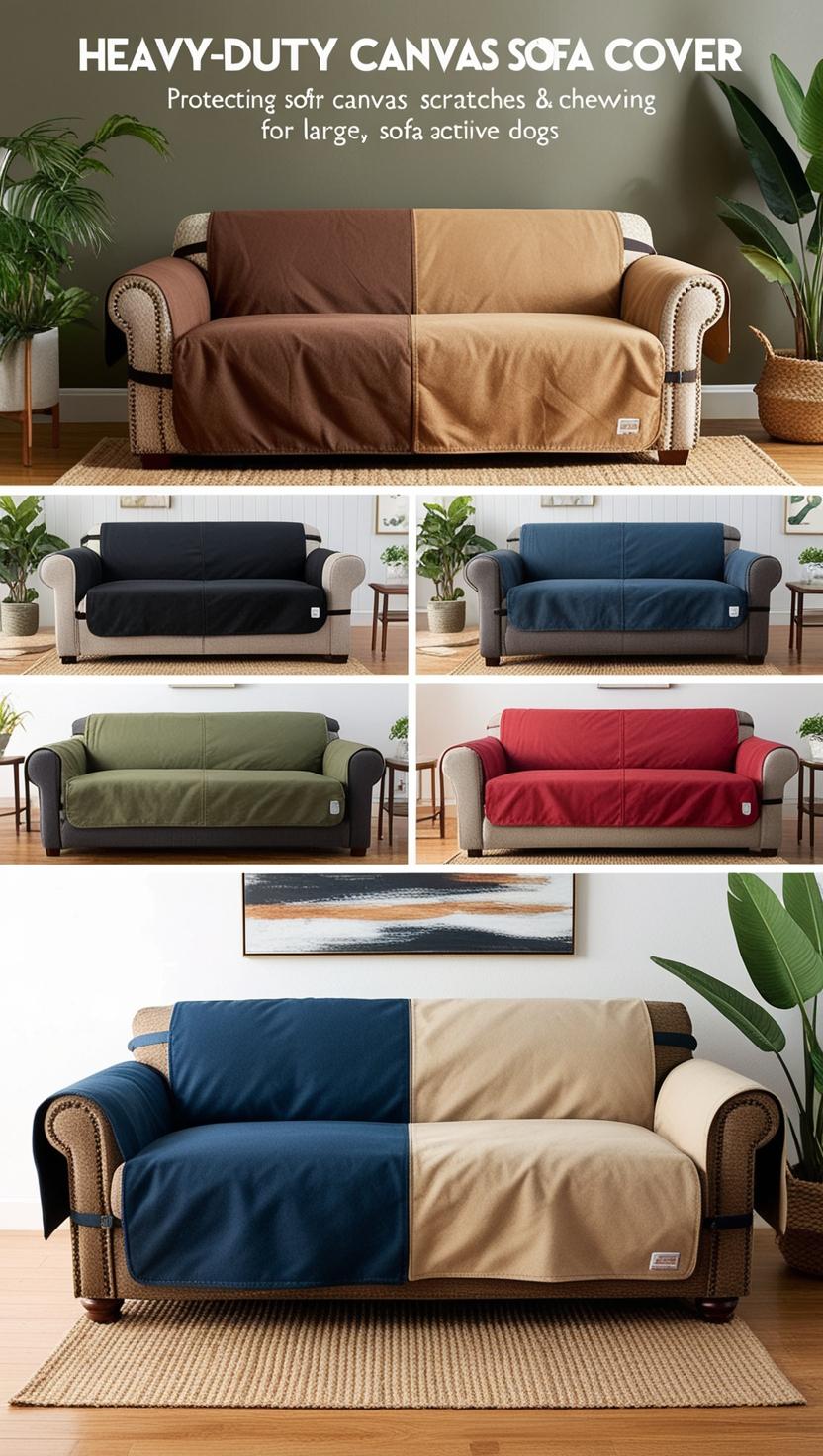 "Heavy-duty canvas waterproof sofa cover, designed for durability and protection against scratching and chewing, ideal for large active dogs."