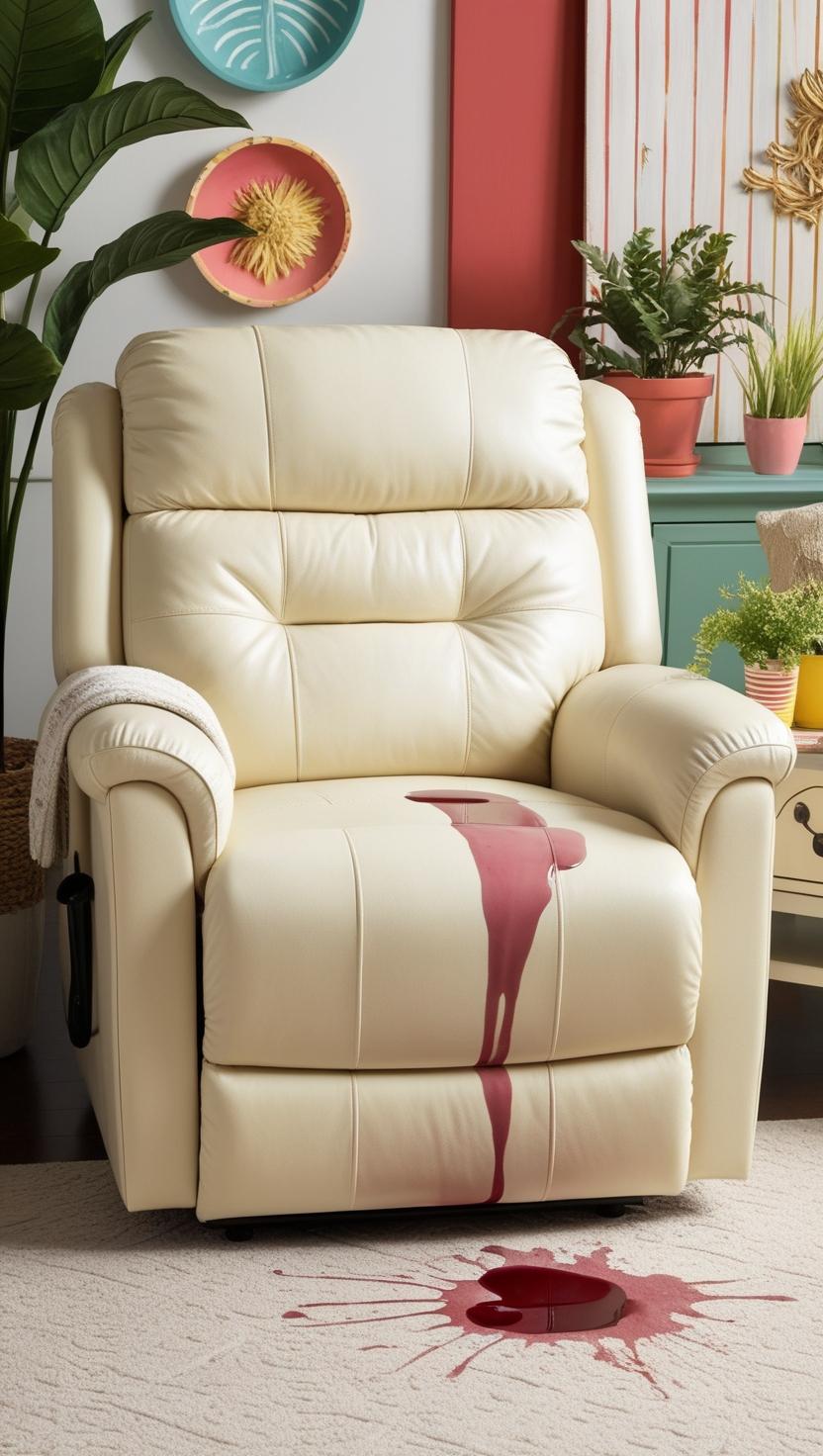 A glass of red wine spills onto a cream-colored recliner sofa.