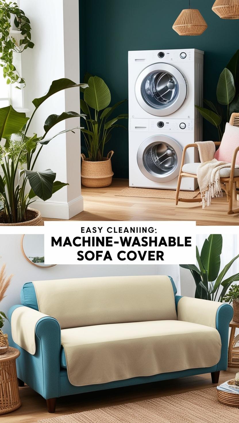 "Easy-to-clean, machine-washable sofa cover with stylish decor, ideal for effortless maintenance and a modern home aesthetic."