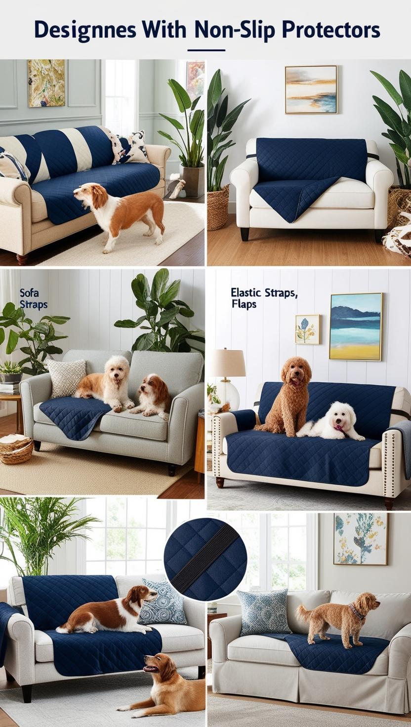 "Non-slip sofa cover with elastic straps and foam inserts, perfect for pet owners, featuring water-resistant protection and stylish decor."