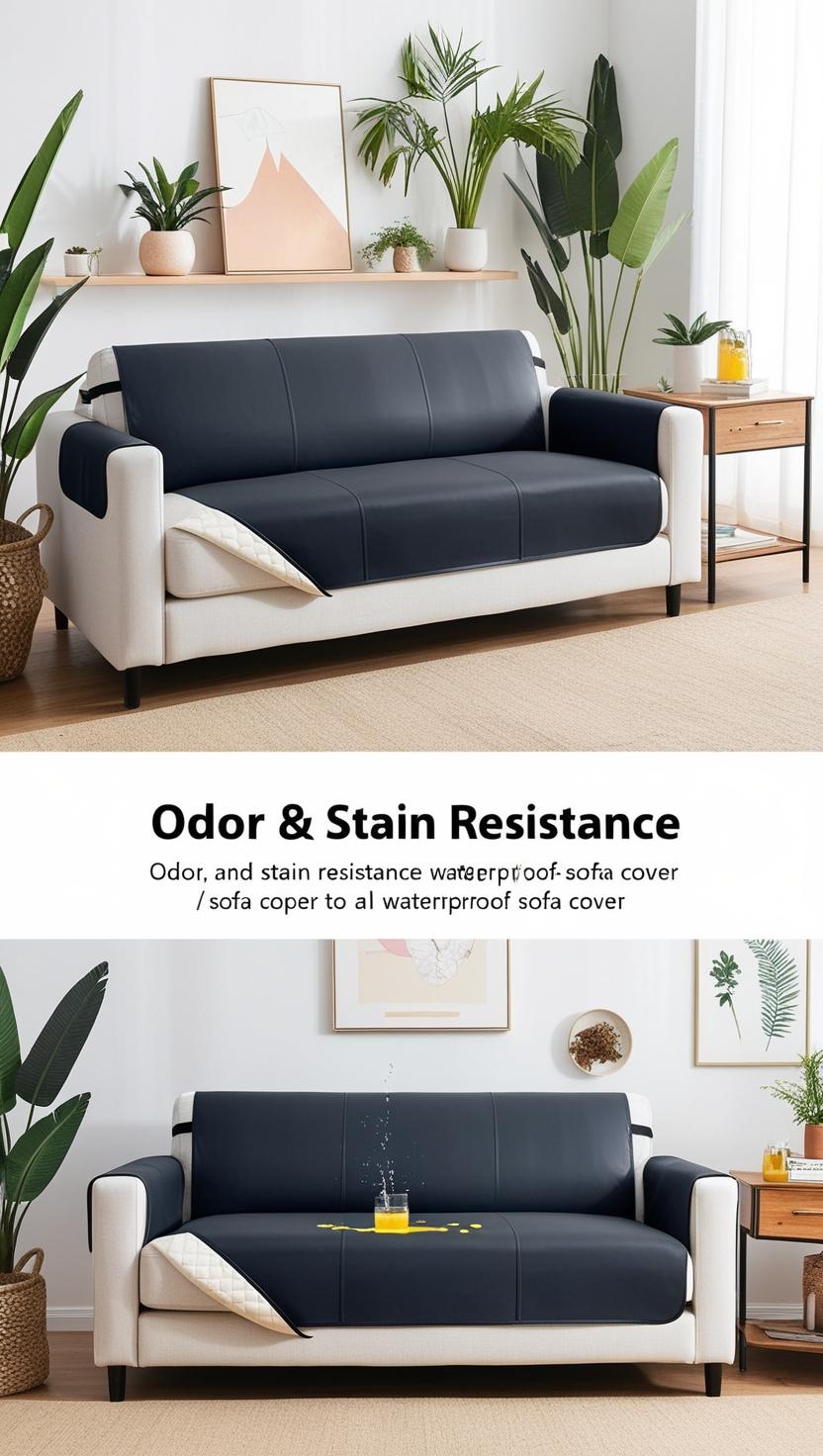 "Odor and stain-resistant sofa cover with antimicrobial properties, ideal for pet owners, paired with stylish decor and modern aesthetics."