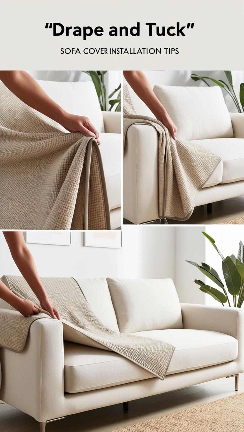 fa Covers Installation Tips: Drape and Tuck: Drape the cover over your sofa,