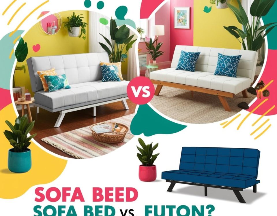 focus on express __Sofa Bed vs. Futon_ Which is Better for Small Apartments__bold text__engagent color_some fun color ___... some decors plant paint,need high quality images _