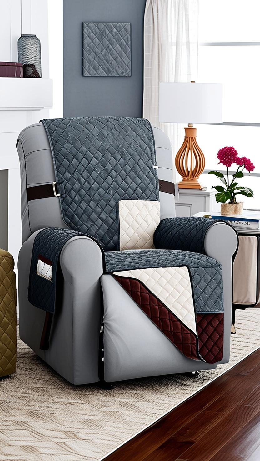 A cozy living room with a recliner sofa covered with a Mainstays Herringbone Stretch-to-Fit Fabric Recliner Slipcover.