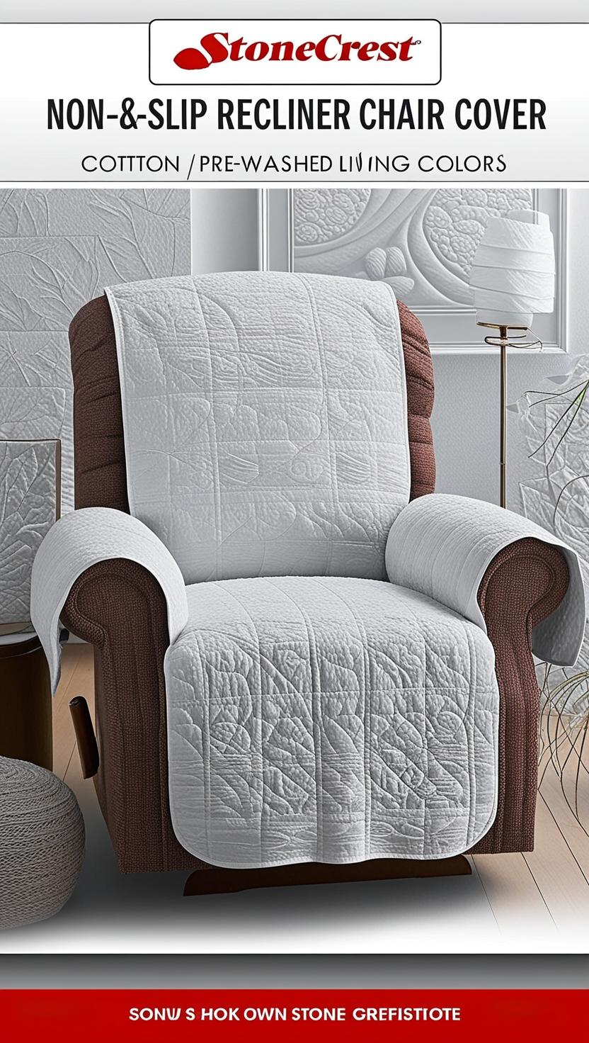 A cozy living room with a recliner sofa adorned with a stylish and printed slipcover.