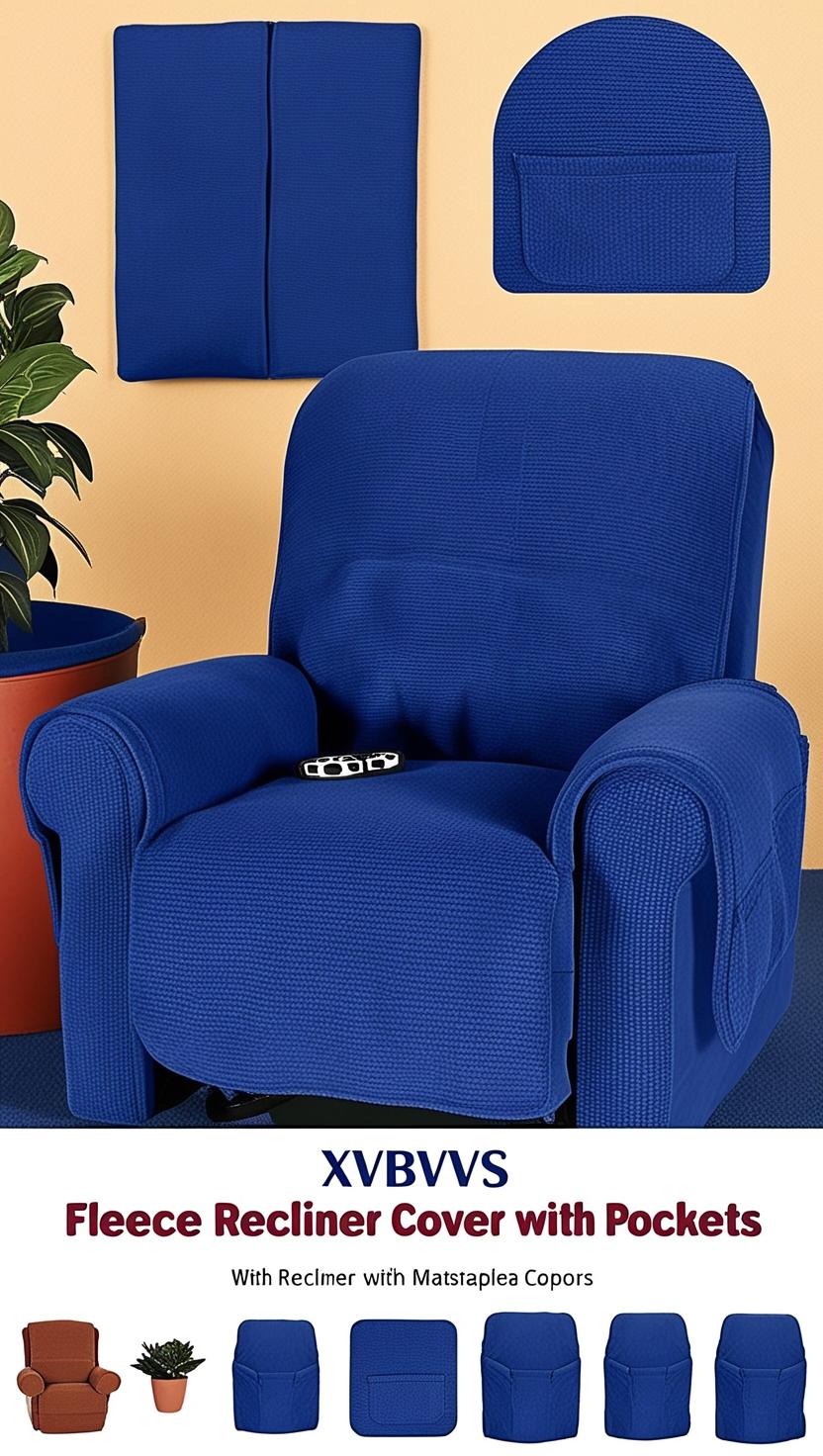 A comfortable recliner sofa with a cozy fleece cover featuring convenient pockets.